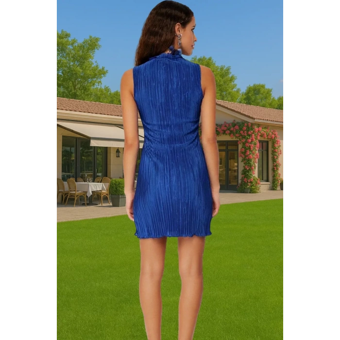 Şık Astarlı Örme Mini Elbise Dik Yaka Piliseli Polyester Abiye Özenle Seçilmiş Premium Kalite
