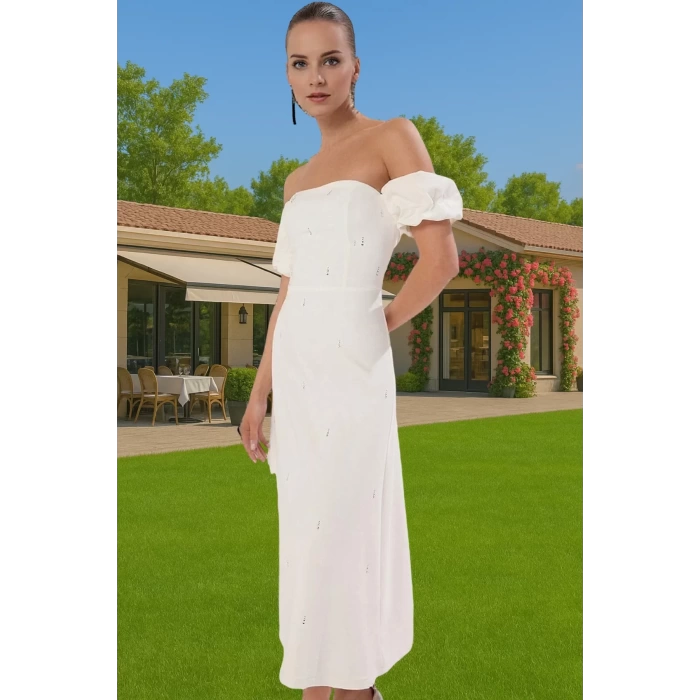 Şık Beyaz Midi Abiye Elbise Taş Detaylı Bodycon Yazlık Şık Görünüm Zarifane Tasarım Uzun Ömürlü