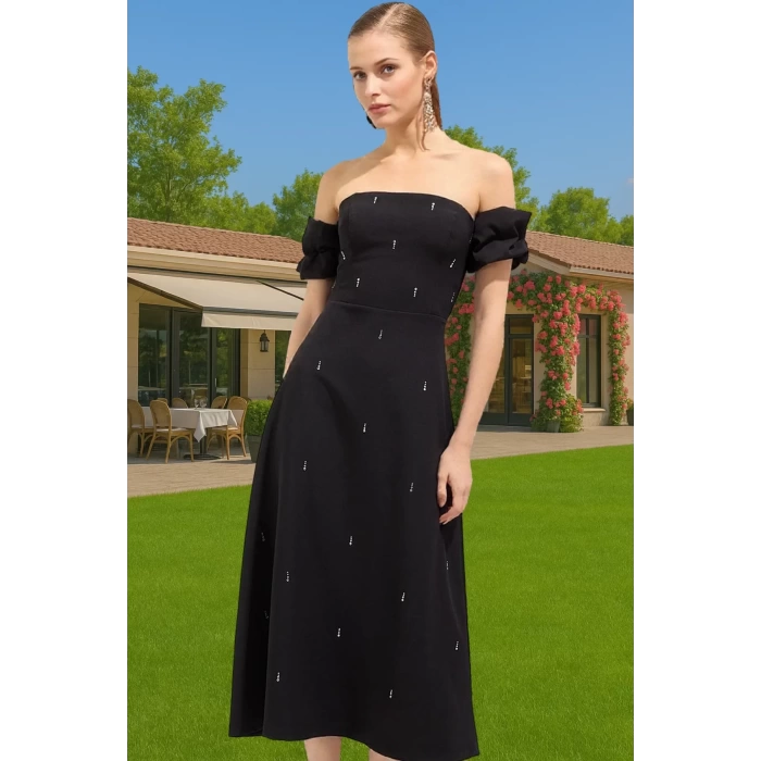 Şık Beyaz Midi Abiye Elbise Taş Detaylı Bodycon Yazlık Şık Görünüm Zarifane Tasarım Uzun Ömürlü