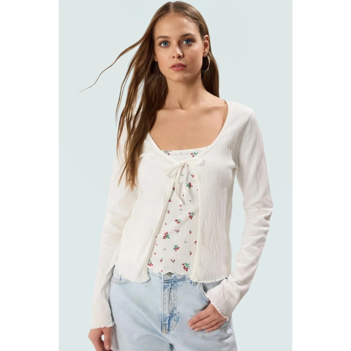 Şık Bluz Hırka Takımı %95 Pamuk Bürümcük Dokuma Crop Boy Rahat Trend Tasarım