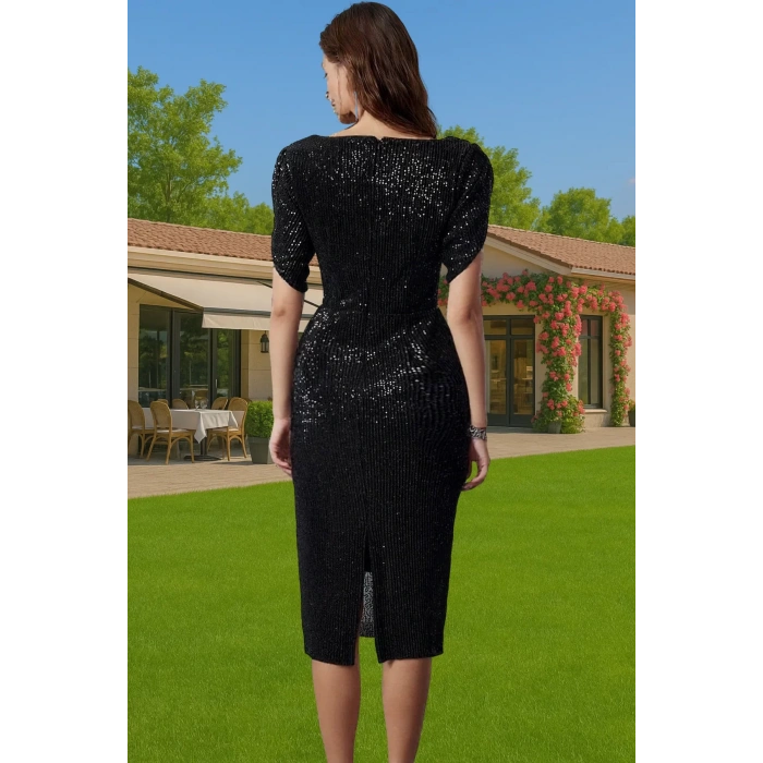 Şık Bodycon Abiye Elbise Payet İşlemeli Polyester Karışımlı Midi Boy Seçkin Malzeme