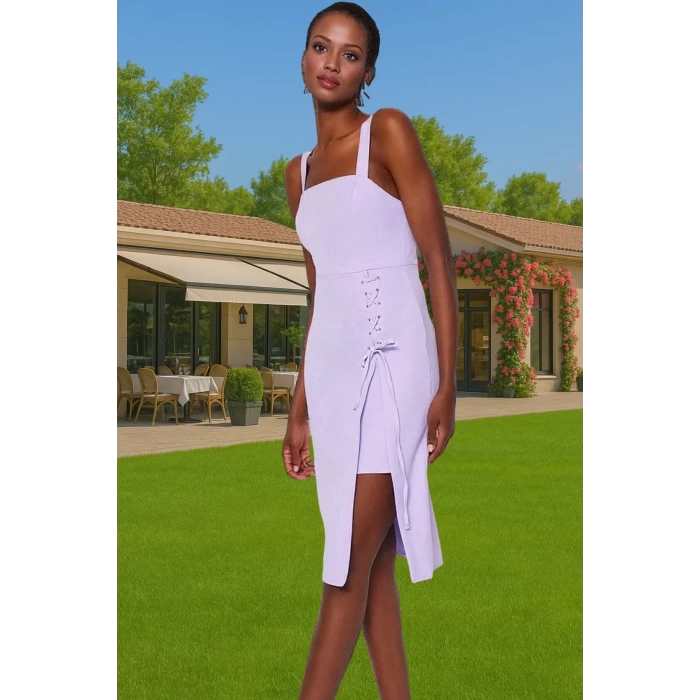 Şık Bodycon Midi Elbise Finike Dokuma Kare Yaka Yırtmaç Detayı Rahat Kesim Konforlu Kesim