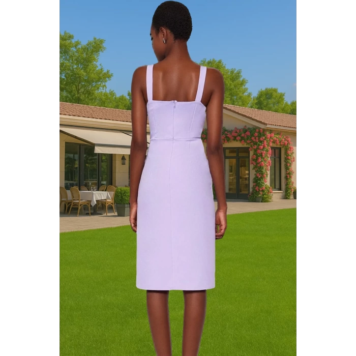 Şık Bodycon Midi Elbise Finike Dokuma Kare Yaka Yırtmaç Detayı Rahat Kesim Konforlu Kesim