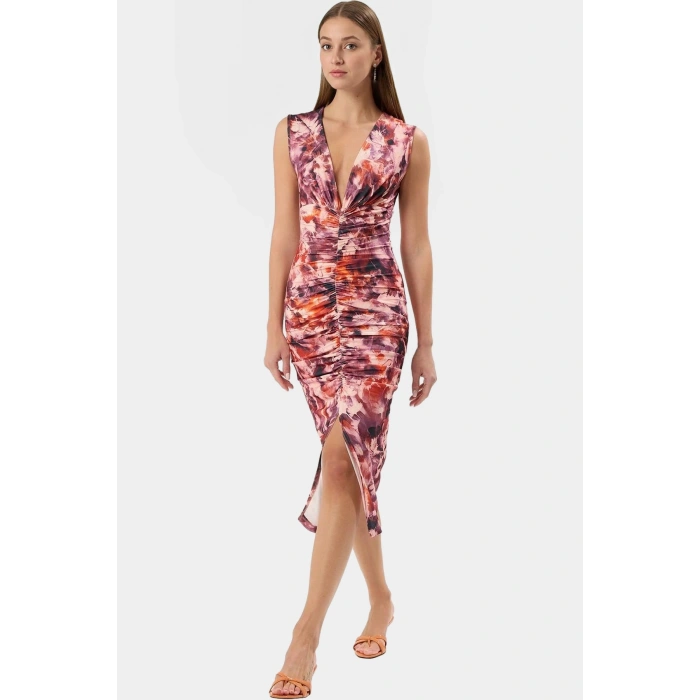 Şık Bodycon V Yaka Örme Midi Elbise Polyester Elastan Kumaştan Gündüz Ve Gece Rahat Kullanım