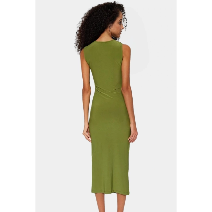 Şık Bodycon V Yaka Örme Midi Elbise Polyester Elastan Kumaştan Gündüz Ve Gece Rahat Kullanım