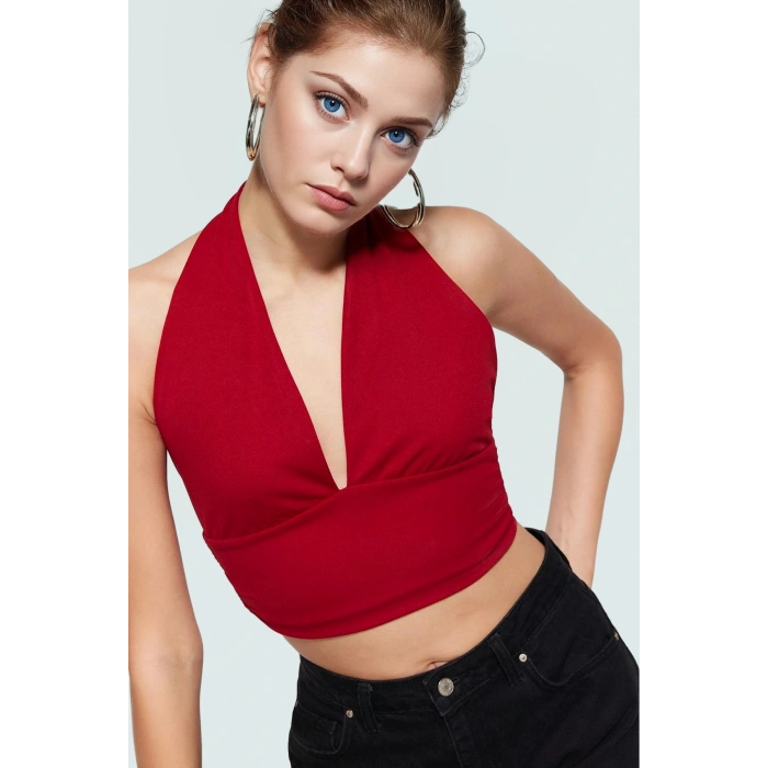 Şık Boyundan Bağlamalı Kolsuz Örme Bluz Uzun Ömürlü Günlük Kullanım İçin Modern Stil