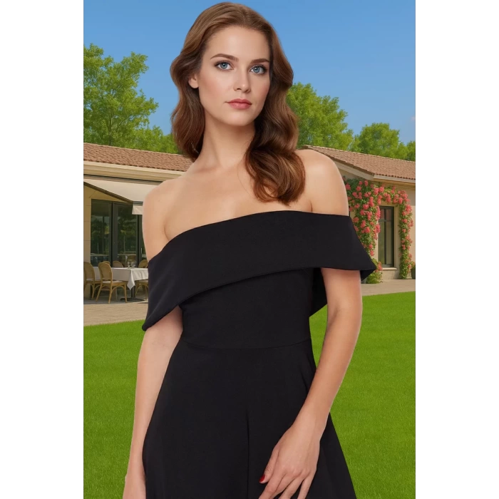 Şık Carmen Yaka A Kesim Midi Abiye Elbise Polyester Elastan Rahat Kullanım Dayanıklı Malzeme