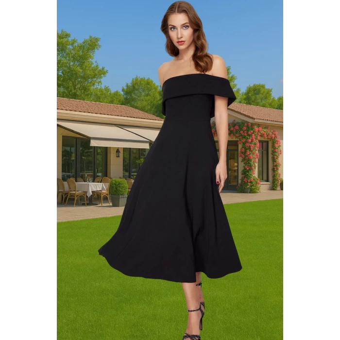 Şık Carmen Yaka A Kesim Midi Abiye Elbise Polyester Elastan Rahat Kullanım Dayanıklı Malzeme