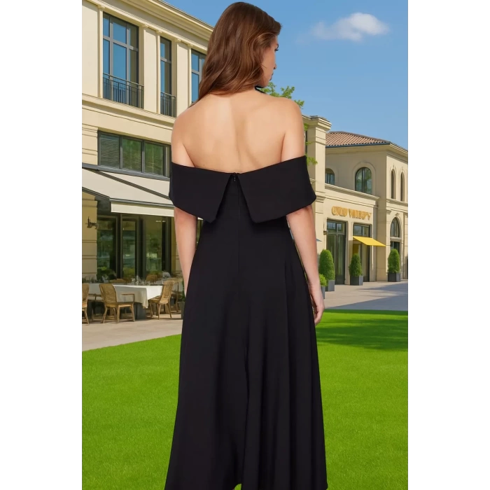 Şık Carmen Yaka A Kesim Midi Abiye Elbise Polyester Elastan Rahat Kullanım Dayanıklı Malzeme