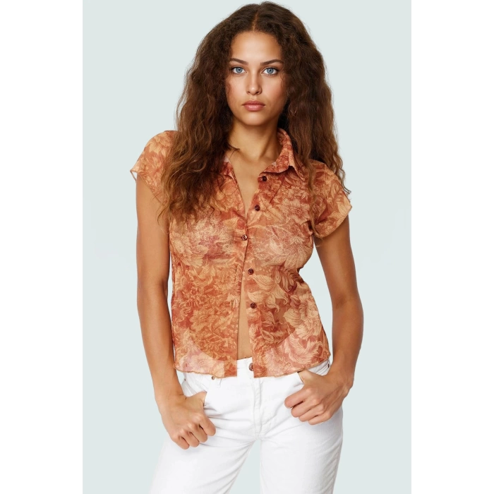 Şık Çiçek Desenli Tül Bluz Rahat Vücut Oturan Kısa Kollu Polyester Örme Günlük Kullanım İçin