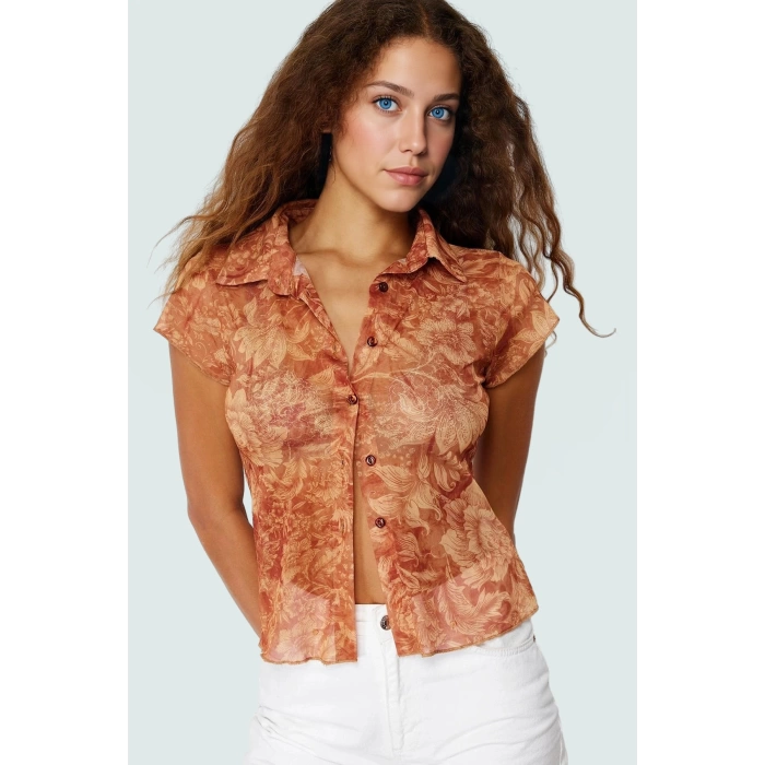 Şık Çiçek Desenli Tül Bluz Rahat Vücut Oturan Kısa Kollu Polyester Örme Günlük Kullanım İçin