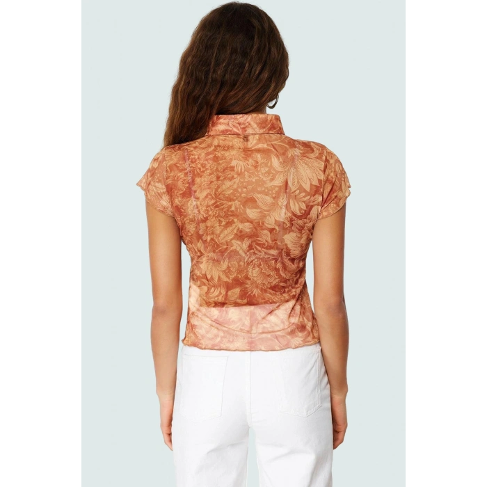 Şık Çiçek Desenli Tül Bluz Rahat Vücut Oturan Kısa Kollu Polyester Örme Günlük Kullanım İçin