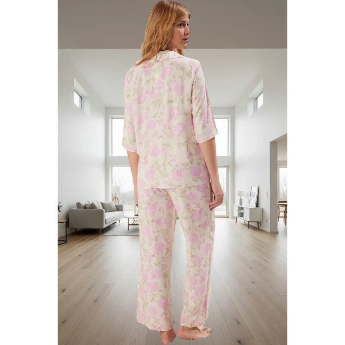 Şık Çiçek Desenli Viskoz Pijama Takımı; Rahat Nefes Alan 100% Kumaş Dayanıklı Malzeme