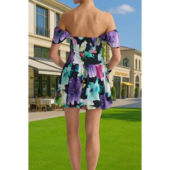Şık Çiçekli Poplin Mini Elbise Yazlık Balo Mezuniyet Modern Stil Seçkin Malzeme Premium Kalite
