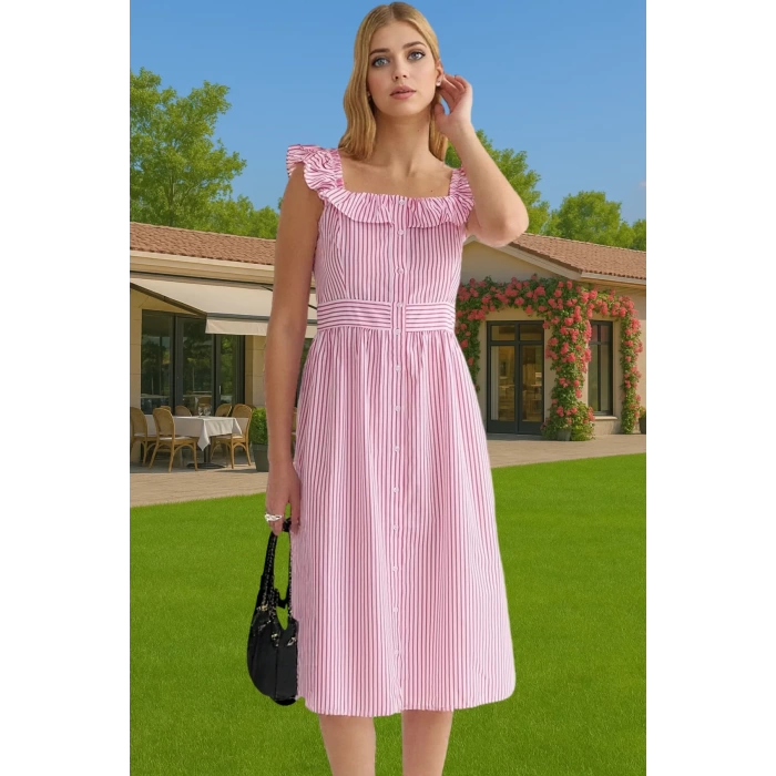 Şık Çizgili Midi Gömlek Elbise Pamuk Polyester Nefes Alabilir Yazlık Modern Stil Seçkin Malzeme