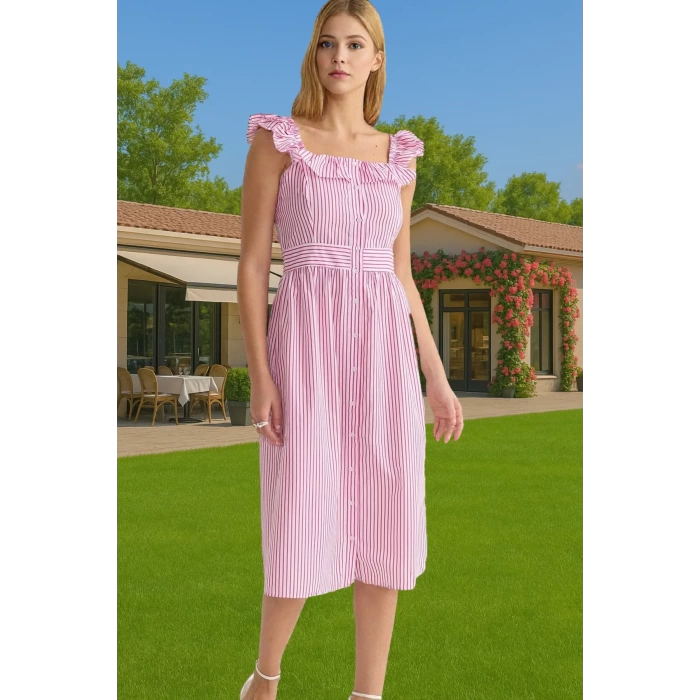 Şık Çizgili Midi Gömlek Elbise Pamuk Polyester Nefes Alabilir Yazlık Modern Stil Seçkin Malzeme