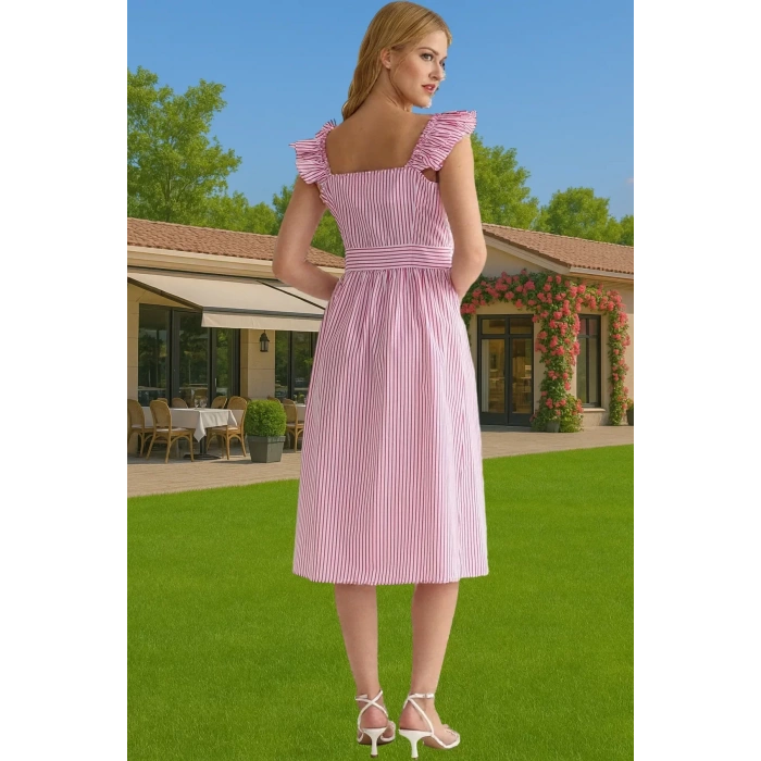 Şık Çizgili Midi Gömlek Elbise Pamuk Polyester Nefes Alabilir Yazlık Modern Stil Seçkin Malzeme