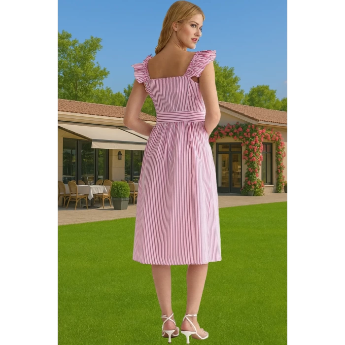 Şık Çizgili Midi Gömlek Elbise Pamuk Polyester Nefes Alabilir Yazlık Modern Stil Seçkin Malzeme