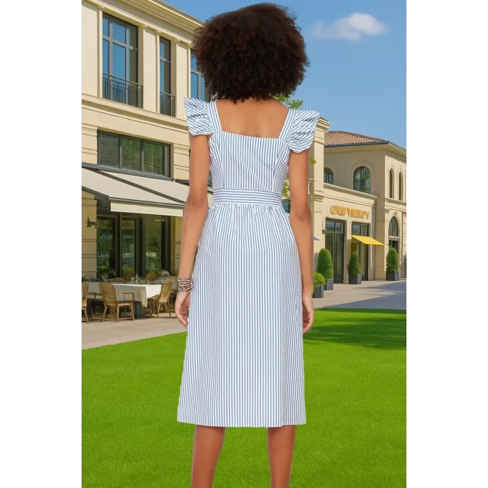 Şık Çizgili Midi Gömlek Elbise Pamuk Polyester Nefes Alabilir Yazlık Modern Stil Seçkin Malzeme