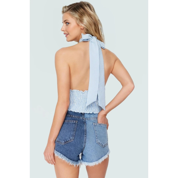 Şık Çizgili Pamuk Polyester Plaj Bluz Premium Kalite Mükemmel Uyum Uzun Ömürlü