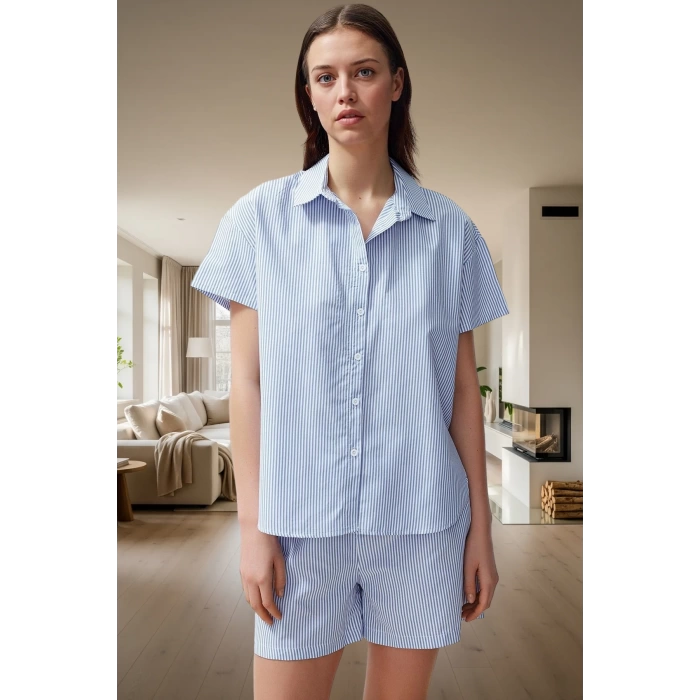 Şık Çizgili Pijama Takımı Poplin Dokuma Rahat Kalıp Trend Tasarım Modern Stil