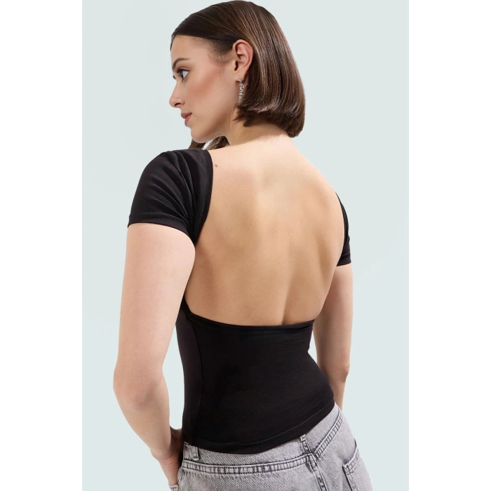 Şık Crop Bluz Nefes Alan Örme Kumaş Sırt Dekolteli Fitted Kalıp Günlük Kullanım İçin