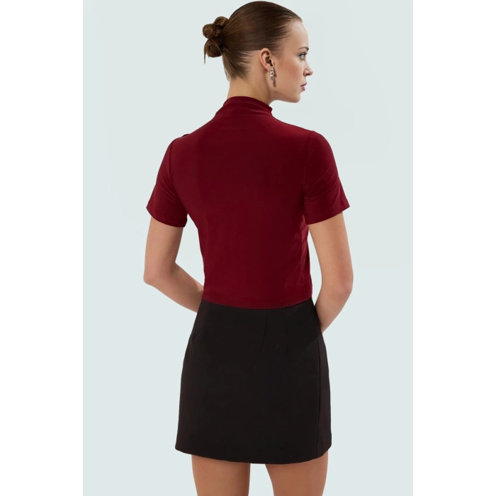 Şık Dik Yaka Crop Bluz Örme Kumaş Kruvaze Yazlık Modern Stil Rahat Ve Özel Tasarım