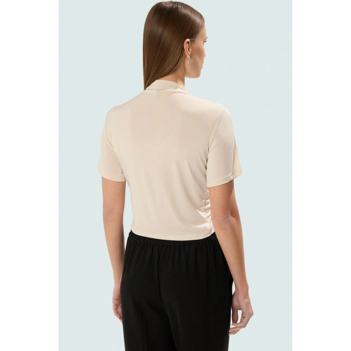 Şık Dik Yaka Crop Bluz Örme Kumaş Kruvaze Yazlık Modern Stil Rahat Ve Özel Tasarım