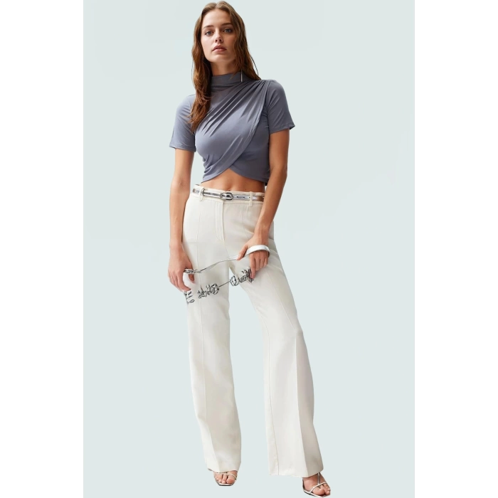 Şık Dik Yaka Crop Bluz Örme Kumaş Kruvaze Yazlık Modern Stil Rahat Ve Özel Tasarım