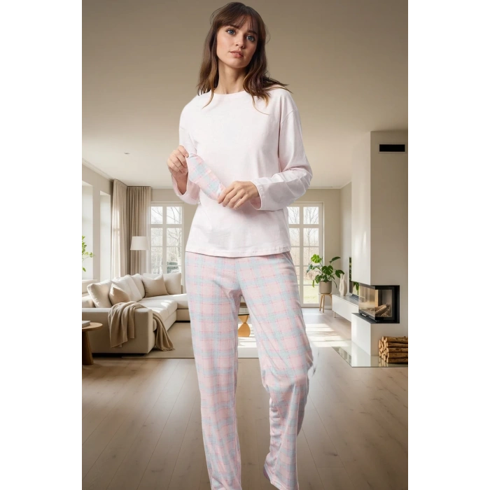 Şık Ekose Desenli Pamuklu Pijama Takımı Bisiklet Yaka Boru Paça Kışlık Günlük Kullanım İçin