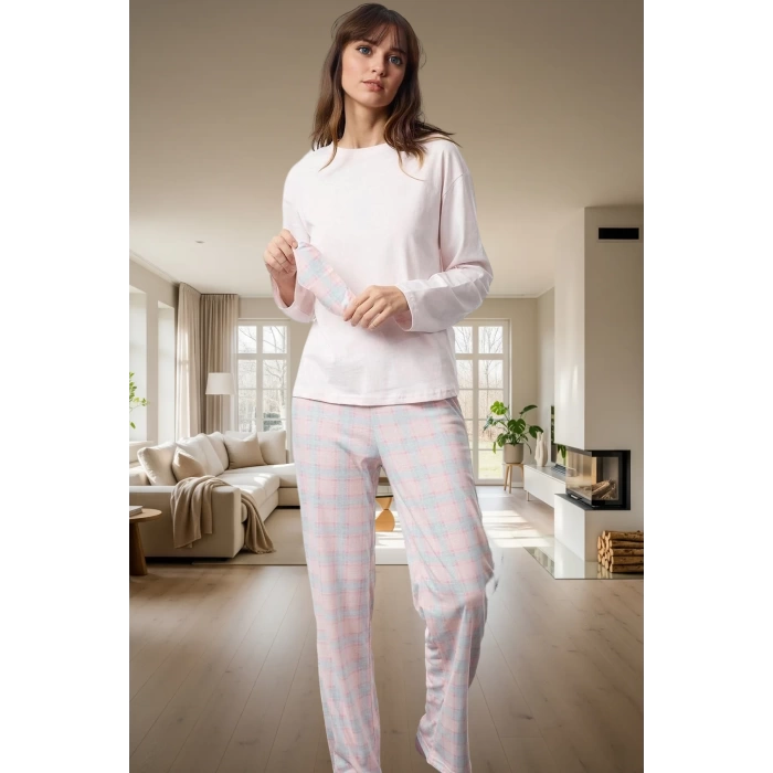 Şık Ekose Desenli Pamuklu Pijama Takımı Bisiklet Yaka Boru Paça Kışlık Günlük Kullanım İçin