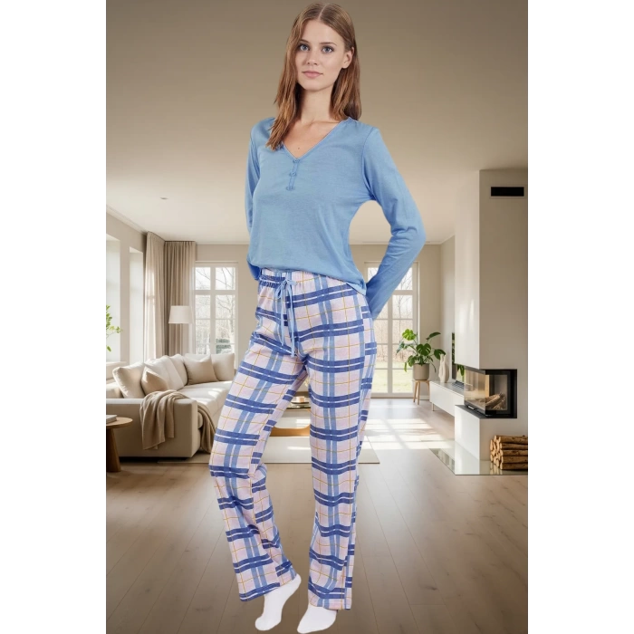 Şık Ekose Pamuklu Pijama Takımı; V Yaka Boru Paça Regular Modern Stil Günlük Kullanım İçin