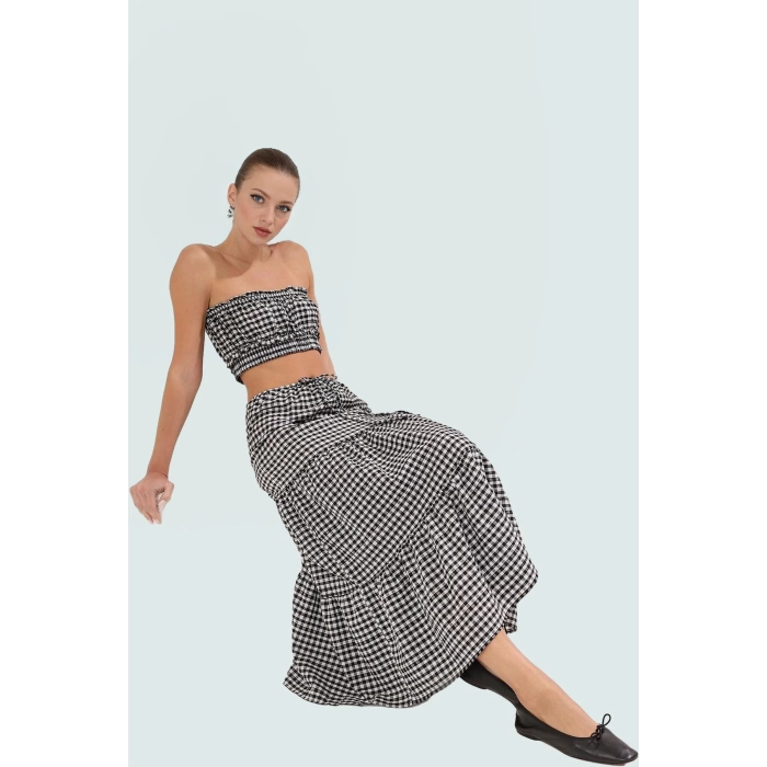 Şık Ekoseli Crop Bluz Etek Takım Yazlık Pamuklu Dokuma A line Günlük Kullanım İçin