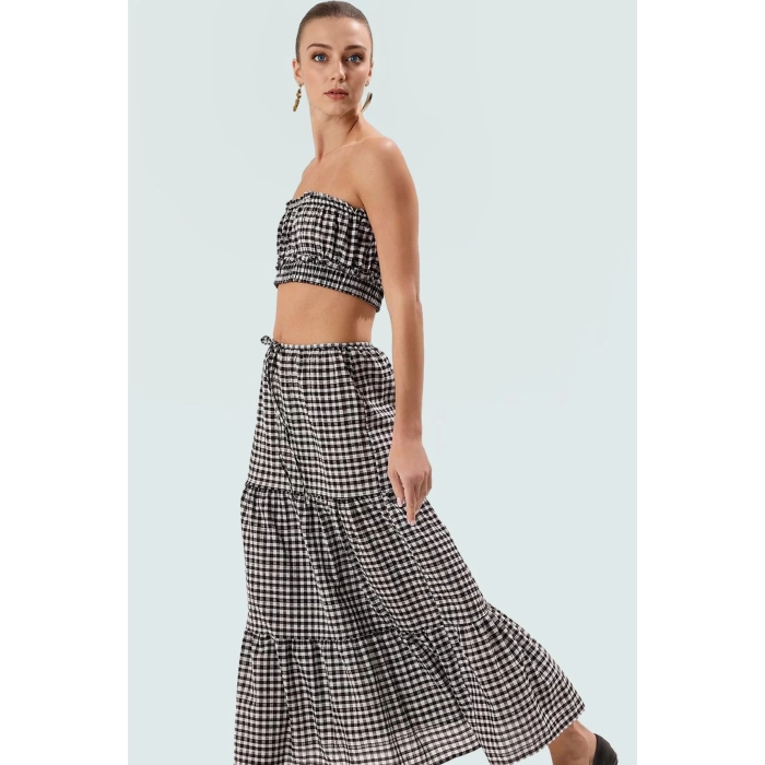 Şık Ekoseli Crop Bluz Etek Takım Yazlık Pamuklu Dokuma A line Günlük Kullanım İçin
