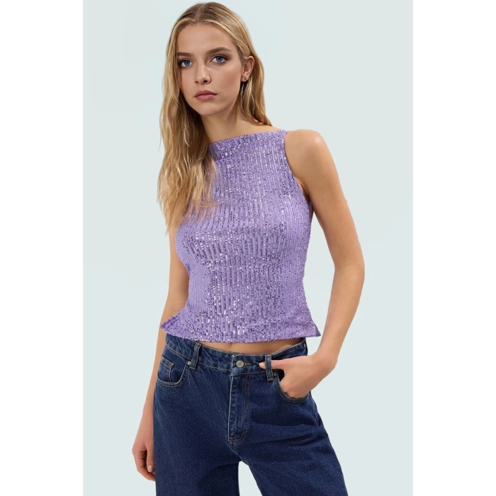 Şık Gece Bluzu Payetli Halter Yaka Kolsuz Örme Bluz Yaz Mevsimi Günlük Kullanım İçin