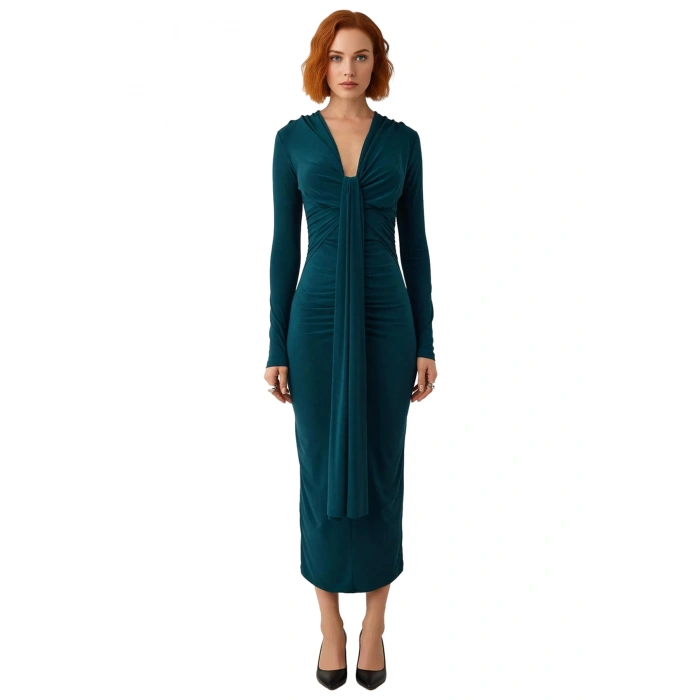 Şık Gece Davetleri İçin Kadın Bodycon Uzun Kollu V Yaka Düz Maxi Elbise Modern Tasarım Kaliteli