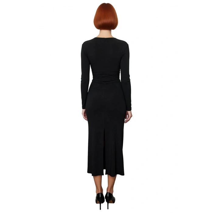 Şık Gece Davetleri İçin Kadın Bodycon Uzun Kollu V Yaka Düz Maxi Elbise Modern Tasarım Kaliteli