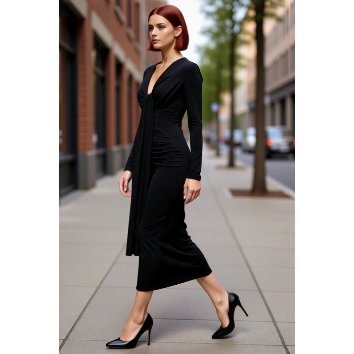 Şık Gece Davetleri İçin Kadın Bodycon Uzun Kollu V Yaka Düz Maxi Elbise Modern Tasarım Kaliteli