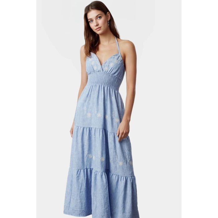 Şık Gipeli Detaylı Polyester Midi Elbise Yaz Mevsimi İçin Mükemmel Uyum Profesyonel Görünüm