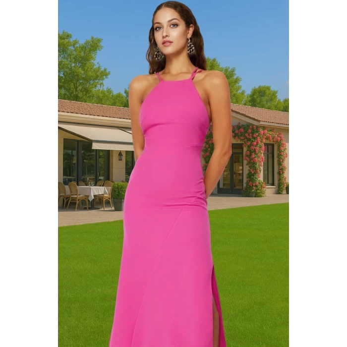 Şık Halter Yaka Maxi Abiye Elbise Polyester Elastan Karışımı A line Kalıp Kaliteli İşçilik
