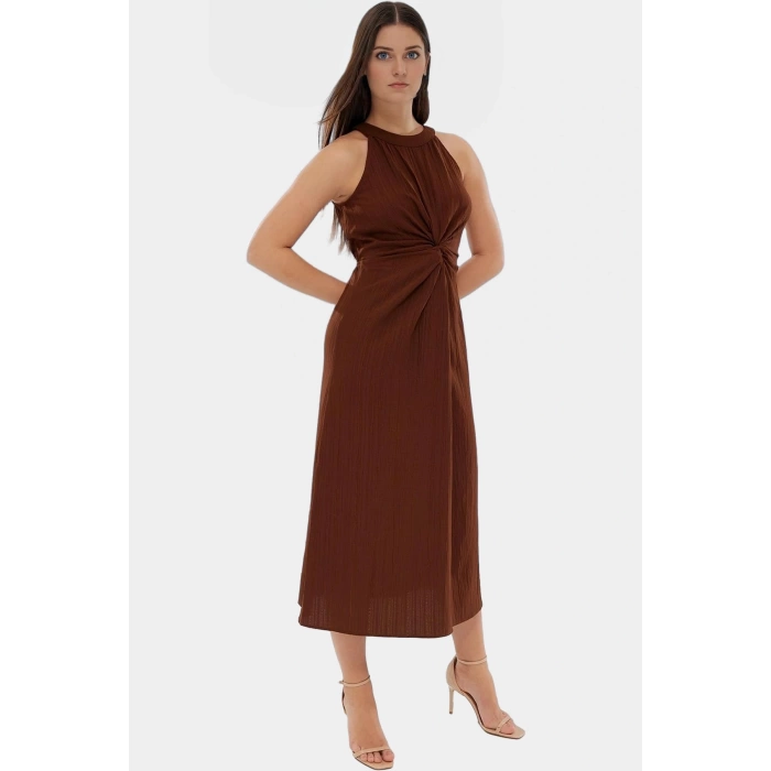 Şık Halter Yaka Midi Elbise Crinkle Dokuma A Line Kesim Günlük Kullanım Premium Kalite