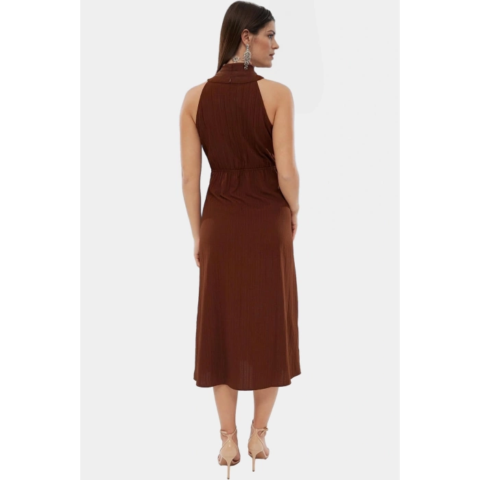 Şık Halter Yaka Midi Elbise Crinkle Dokuma A Line Kesim Günlük Kullanım Premium Kalite