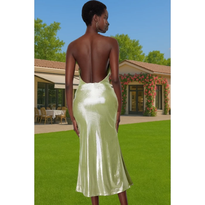 Şık Halter Yaka Midi Elbise Örme Polyester Yazlık Özenle Seçilmiş Mükemmel Uyum Trend Tasarım