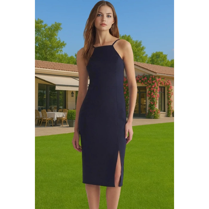 Şık Halter Yaka Midi Elbise Polyester Karışımlı Dokuma Kumaş Günlük Kullanım İçin Özel Tasarım