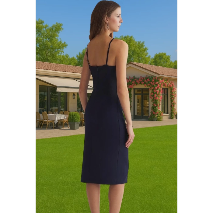 Şık Halter Yaka Midi Elbise Polyester Karışımlı Dokuma Kumaş Günlük Kullanım İçin Özel Tasarım