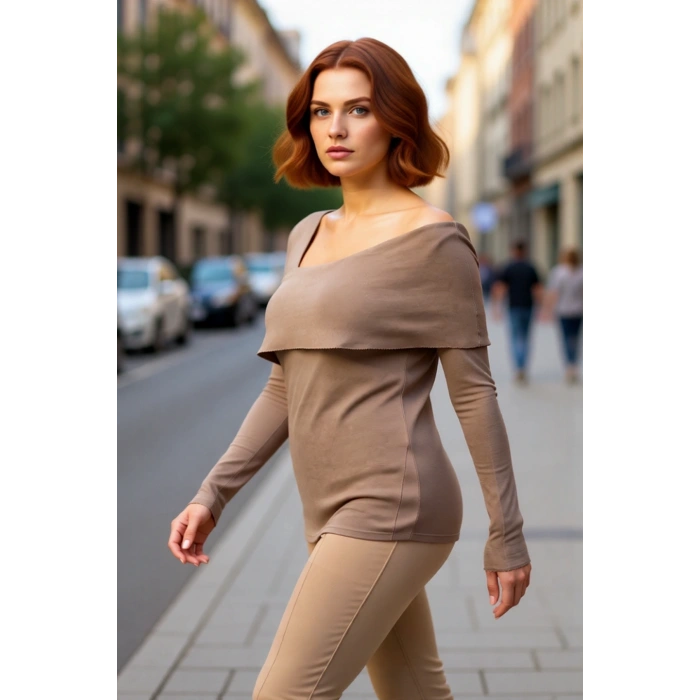 Şık Kadın Asimetrik Yaka Uzun Kollu Triko Kazak Modern Tasarımıyla Her Anınıza Zarafet Katıyor