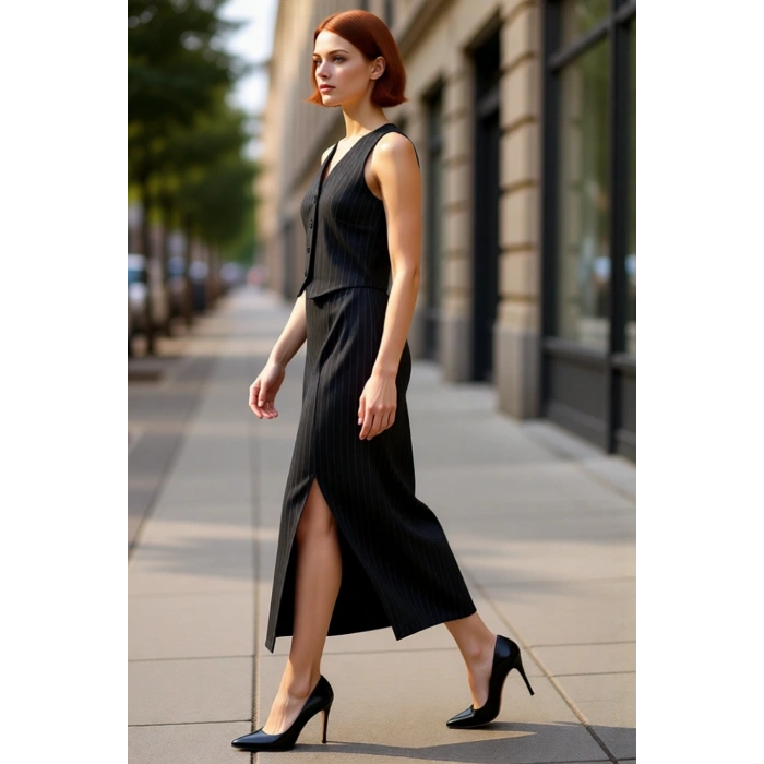 Şık Kadın Çizgili Bodycon Midi Elbise Kolsuz V Yaka Örme Kumaş Esnek Yapı Düğme Detaylı Smart Stil