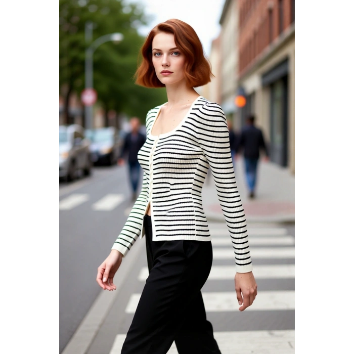 Şık Kadın Ekru Çizgili Kare Yaka Uzun Kol Fitted Triko Kazak %100 Akrilik Bahar Stili Kaliteli