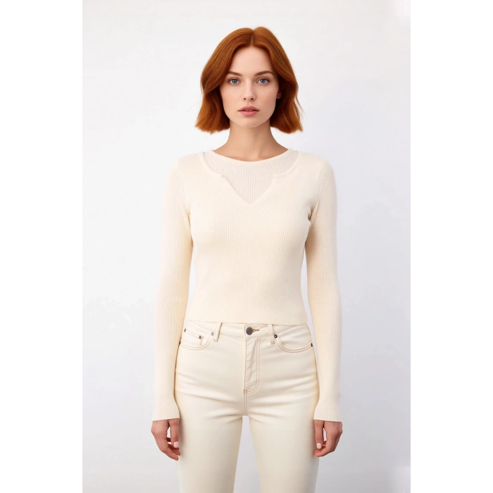 Şık Kadın Fitted Kesim Uzun Kollu Triko Kazak Renk Bloklu Basic Siluet Kış Sonbahar Kombinlerinin