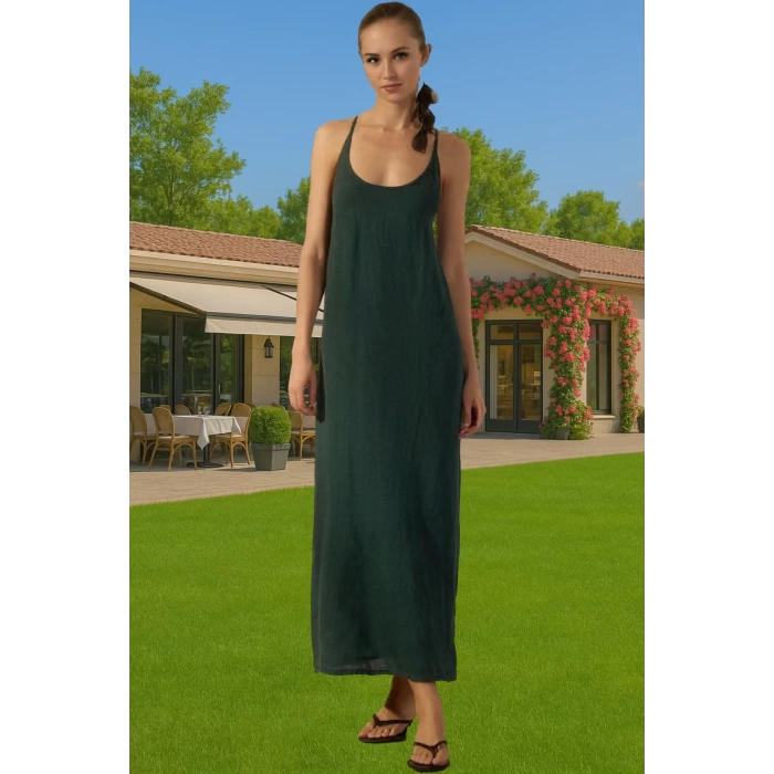 Şık Kadın Keten Maxi Elbise V Yaka Kolsuz Yazlık Rahat Kullanım Rahat Kullanım Modern Stil